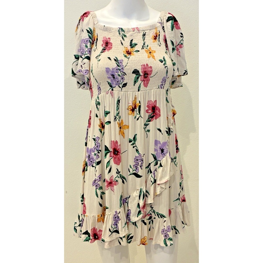 Angie Floral Milkmaid Smocked‎ Dress M Cream Romantic Ruffle Cottage Boho NWOT